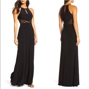 Lined jersey dress with mesh inserts.